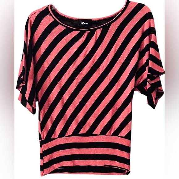 Iz Byer Diagonal Striped Coral/Orange and Black Blouse - Picture 1 of 3